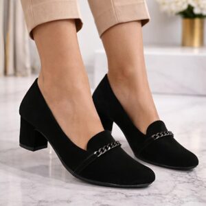 Women Black Velvet Block Heel Loafers with Chain Detail